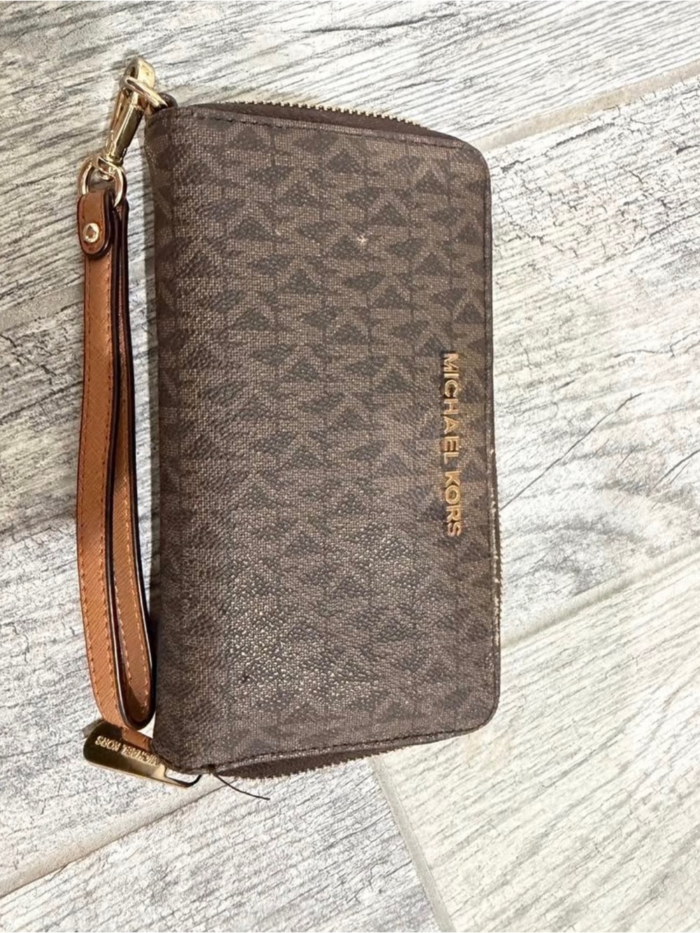 Michael Kors Brown Logo Zip Wristlet with Tan Strap